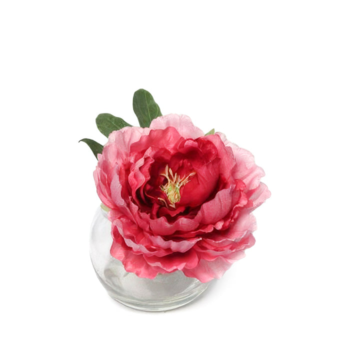 Bujor artificial roz in vas de sticla 15 cm HO