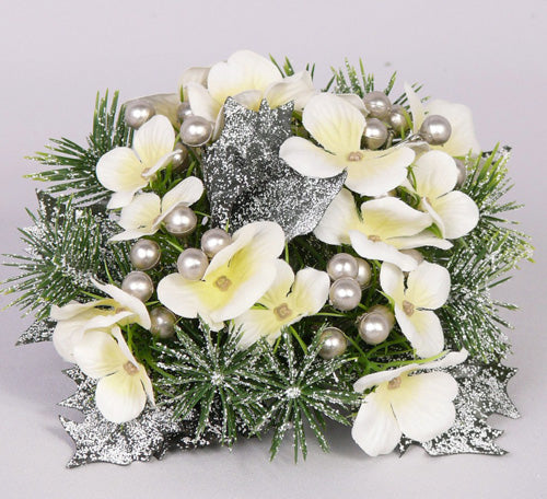 Inel cu flori artificiale perle si brad pentru lumanare D7X15 cm