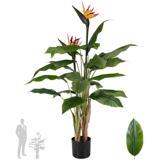 Planta artificiala H120cm Strelitzia reginae cu 20 frunze si 2 flori