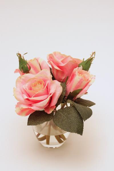 Trandafir artificial roz in vas de sticla H10 cm HO