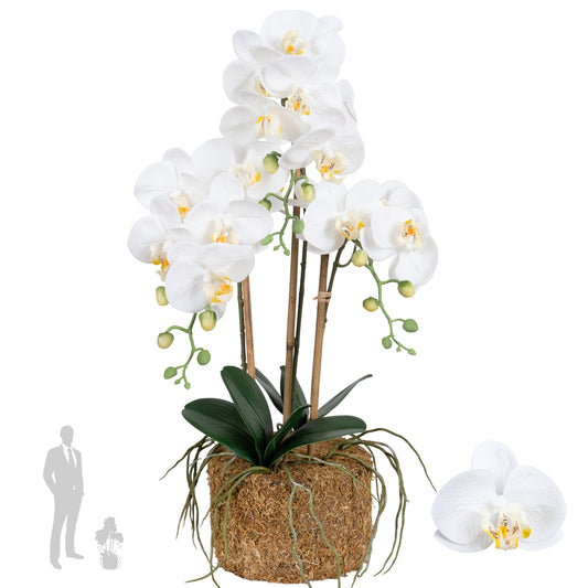 Orhidee artificiala alba cu aspect natural H61 cm cu 3 tulpini