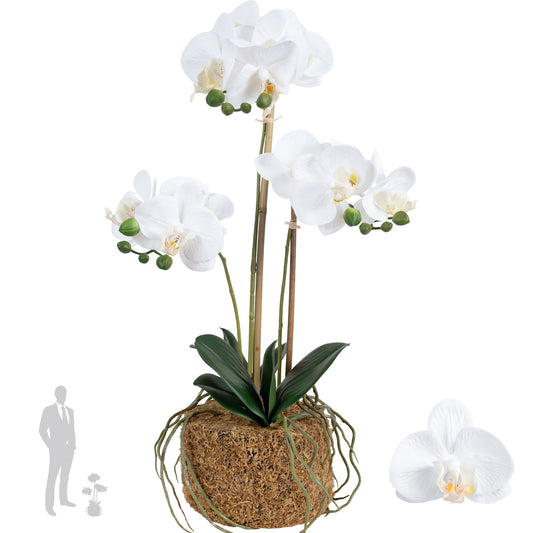 Orhidee artificiala alba cu aspect natural H54 cm cu 3 tulpini