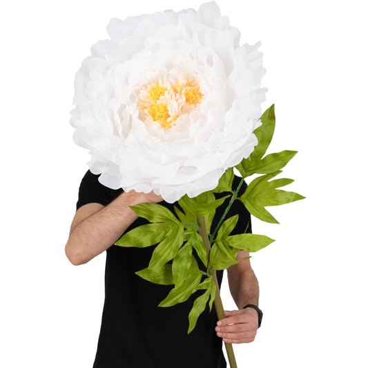 Bujor artificial D48xH130 cm alb cu tulpina gigant XXL