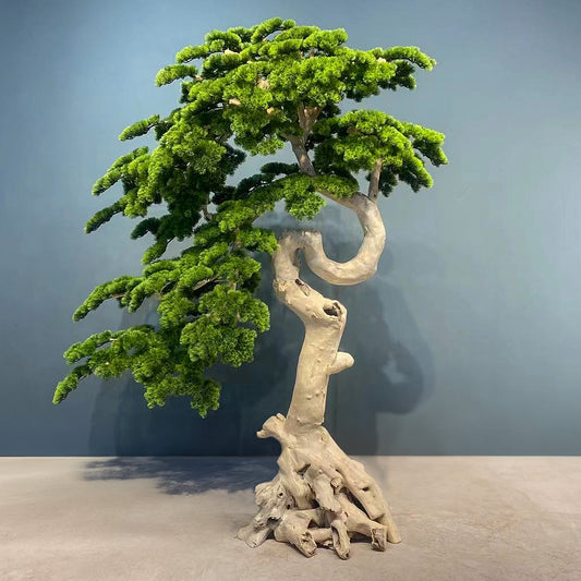 Bonsai artificial H220cm Pin cu trunchi natural din lemn alb cu frunze verzi