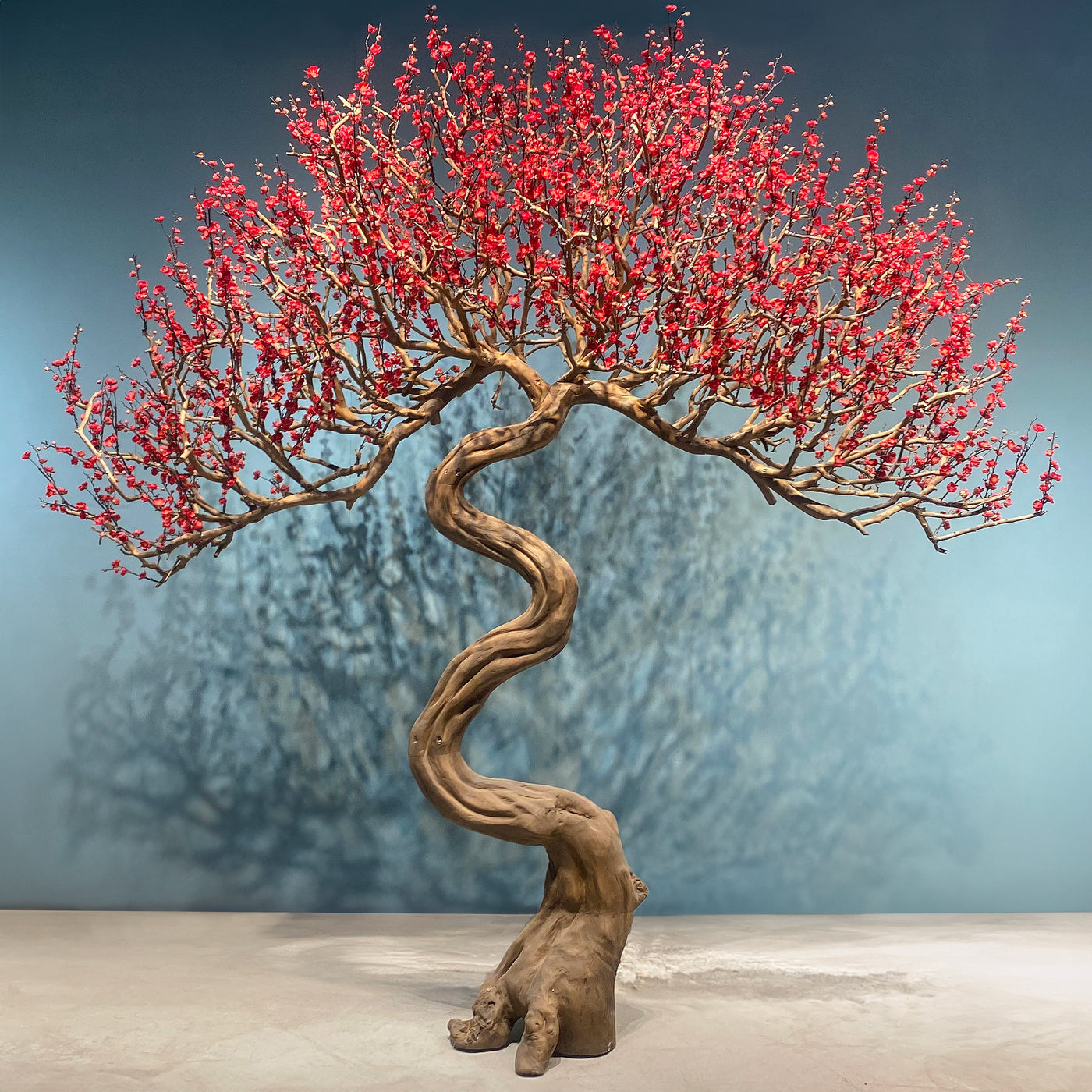 Bonsai artificial Prun cu trunchi natural din lemn cu flori rosii H330cm