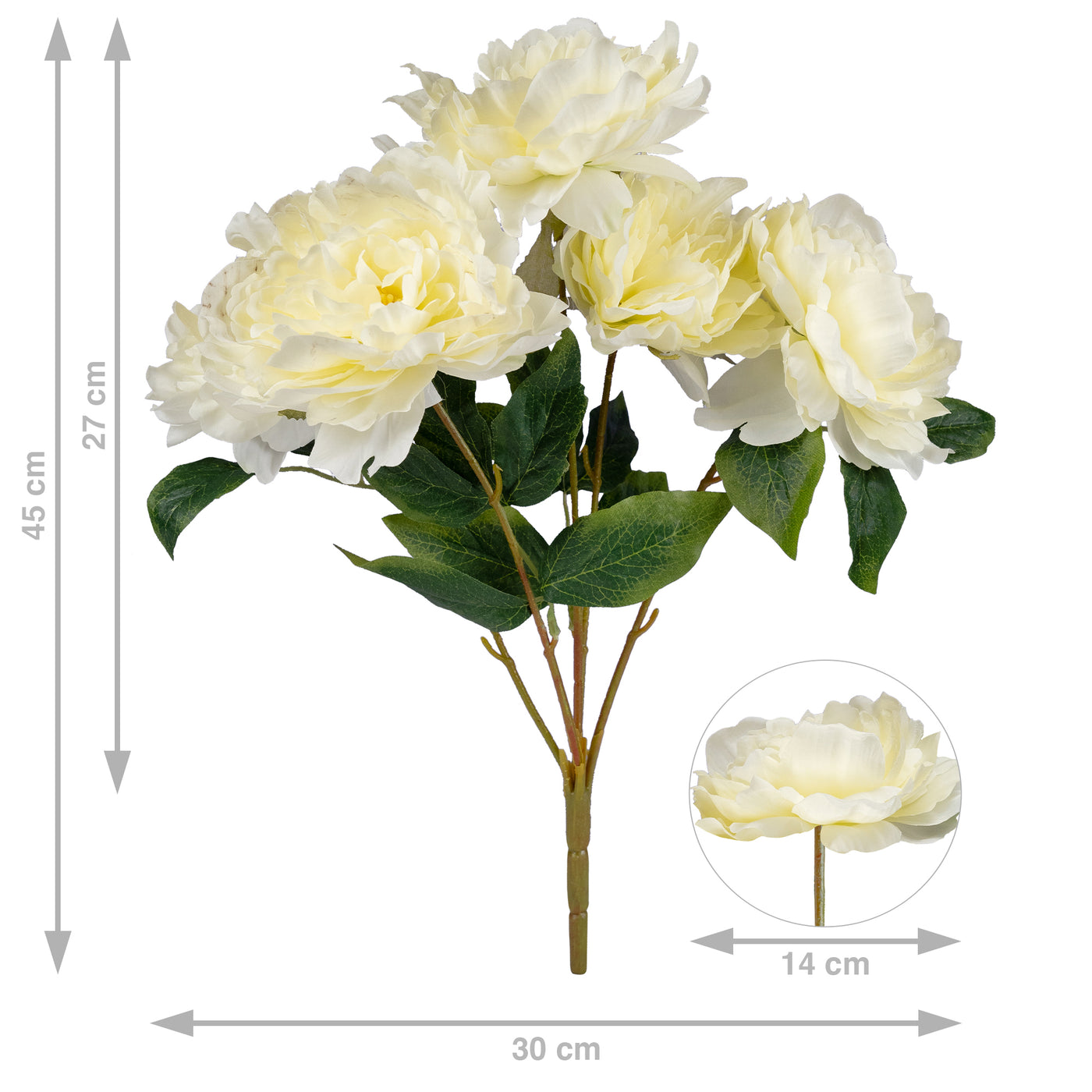 Bujor artificial alb cu 5 flori D30xH45 cm