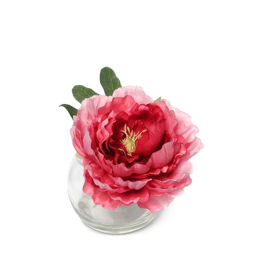 Bujor artificial roz in vas de sticla 15 cm HO