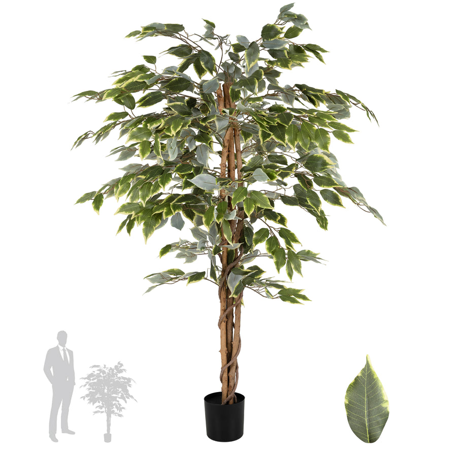 Copac artificial H120cm Ficus benjamina variegat cu 714 frunze verde cu alb