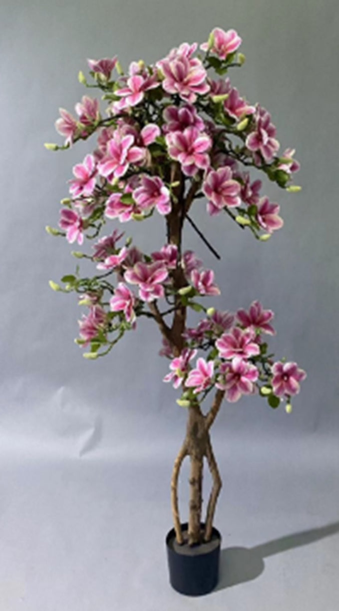 Copac artificial H130cm Magnolie cu flori roz inchis