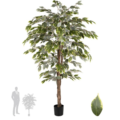 Copac artificial H150cm Ficus variegat cu 3 trunchiuri si 882 frunze verde cu alb