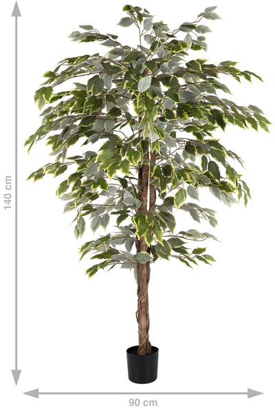 Copac artificial H140cm Ficus variegat cu 3 trunchiuri si 882 frunze verde cu alb