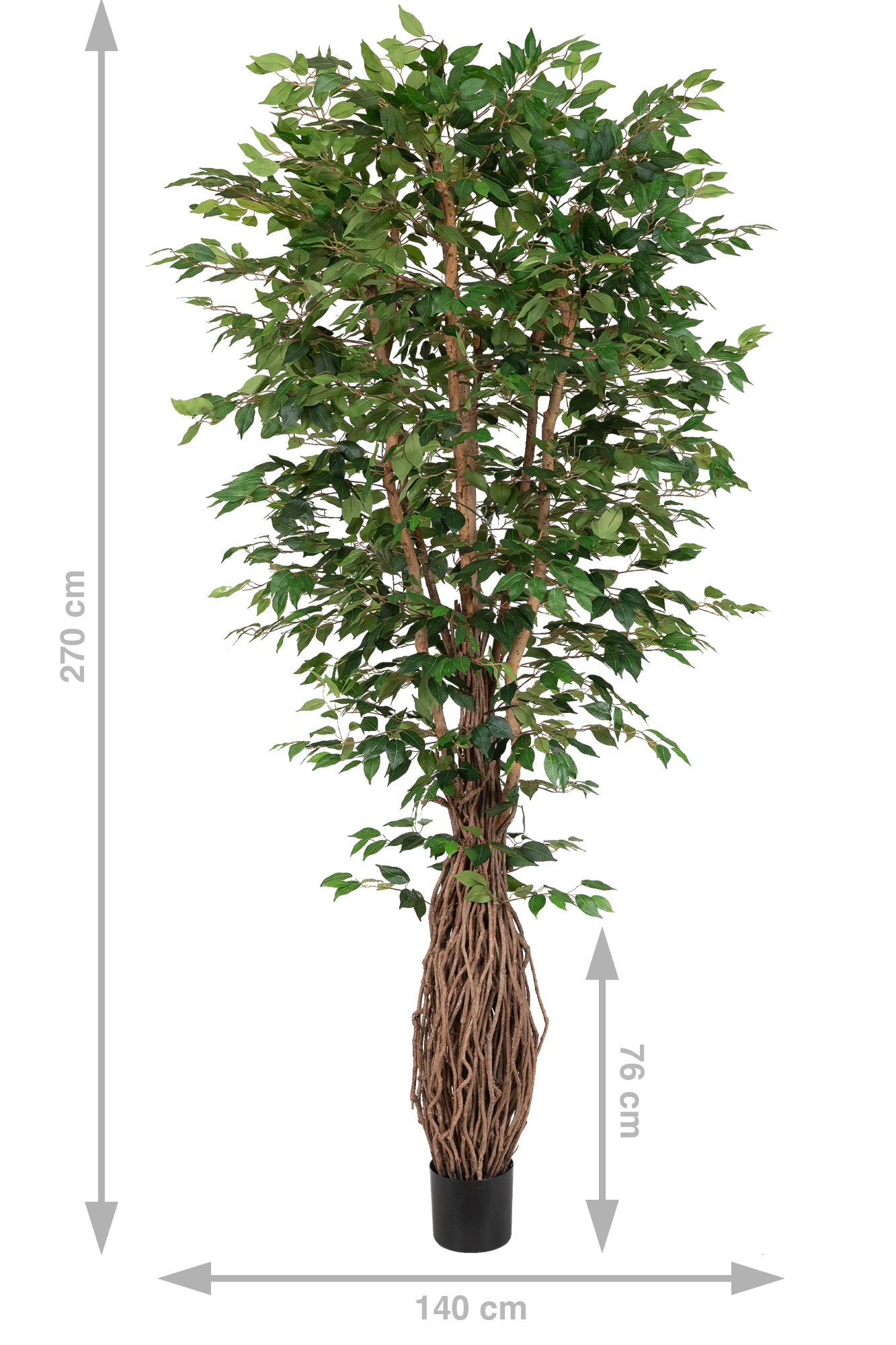 Copac artificial H270cm Ficus benjamina cu trunchiuri din lemn impletite cu 3024 frunze