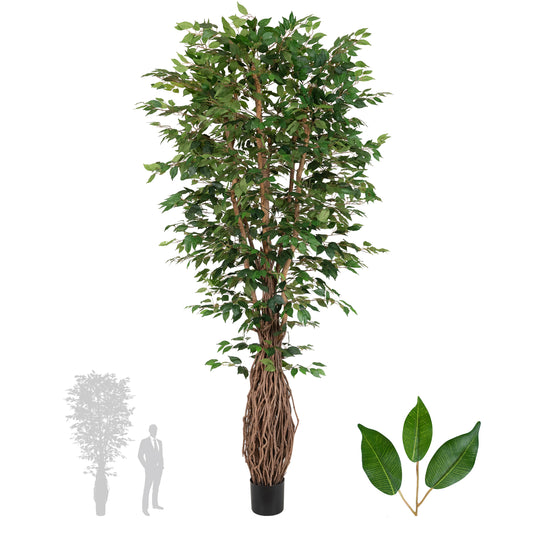 Copac artificial H270cm Ficus benjamina cu trunchiuri din lemn impletite cu 3108 frunze