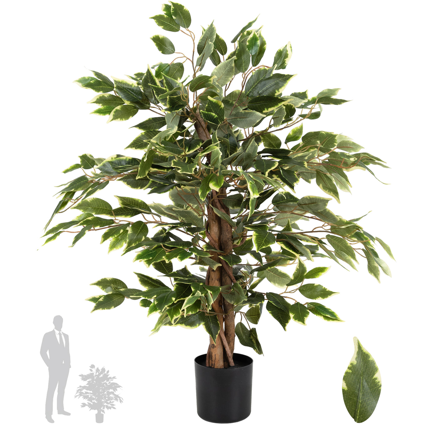 Copac artificial H90cm Ficus benjamina variegat cu 504 frunze verde cu alb