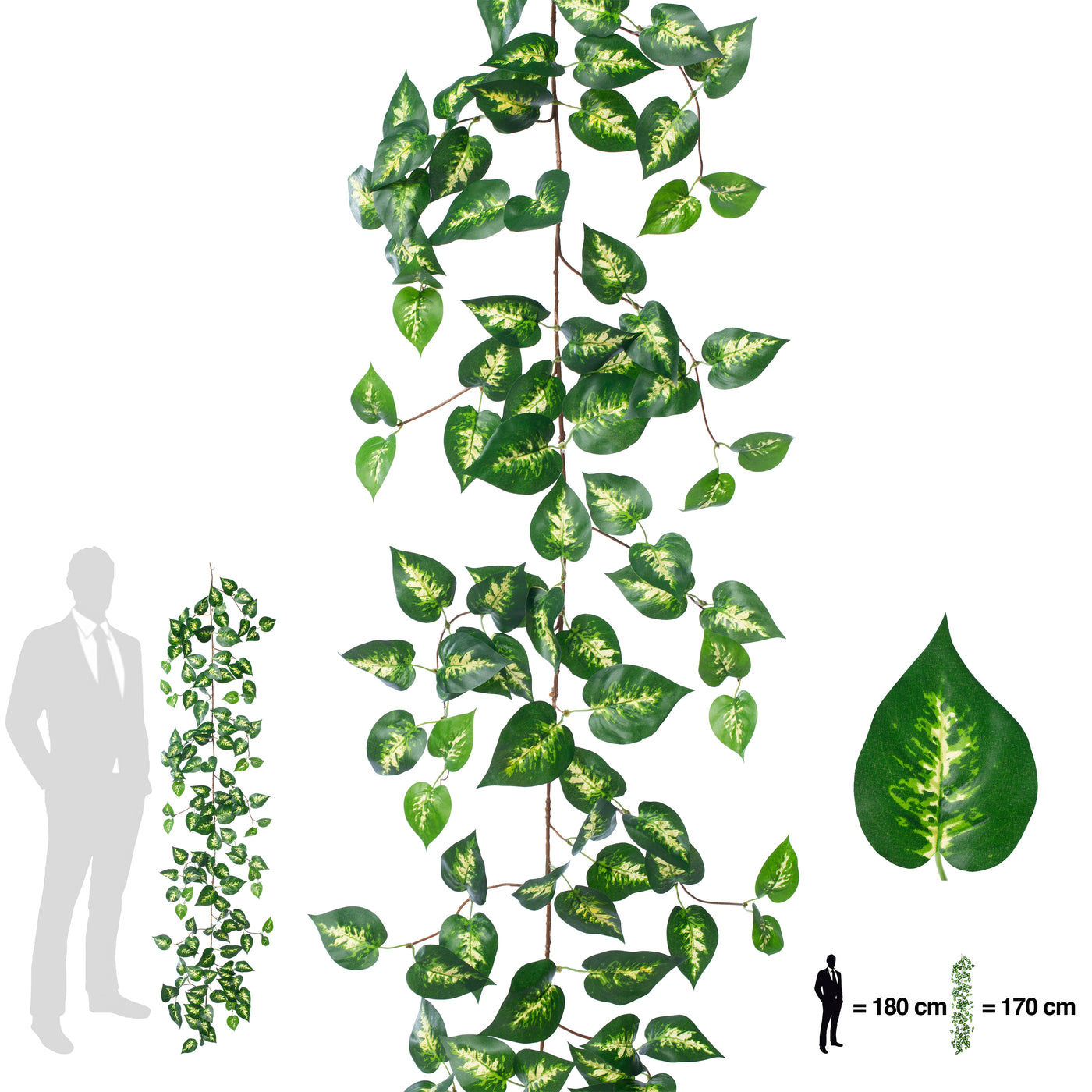 Ghirlanda artificiala pothos 170cm. 138 frunze. verde/galben in mijloc