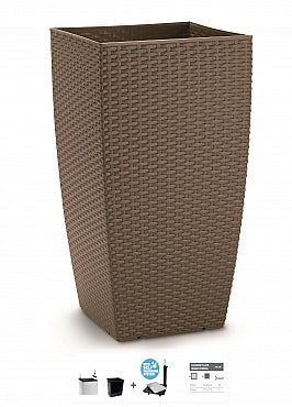 Ghiveci columnar cubic ratan 31x31x56.5 cm cu sistem irigare maro espresso
