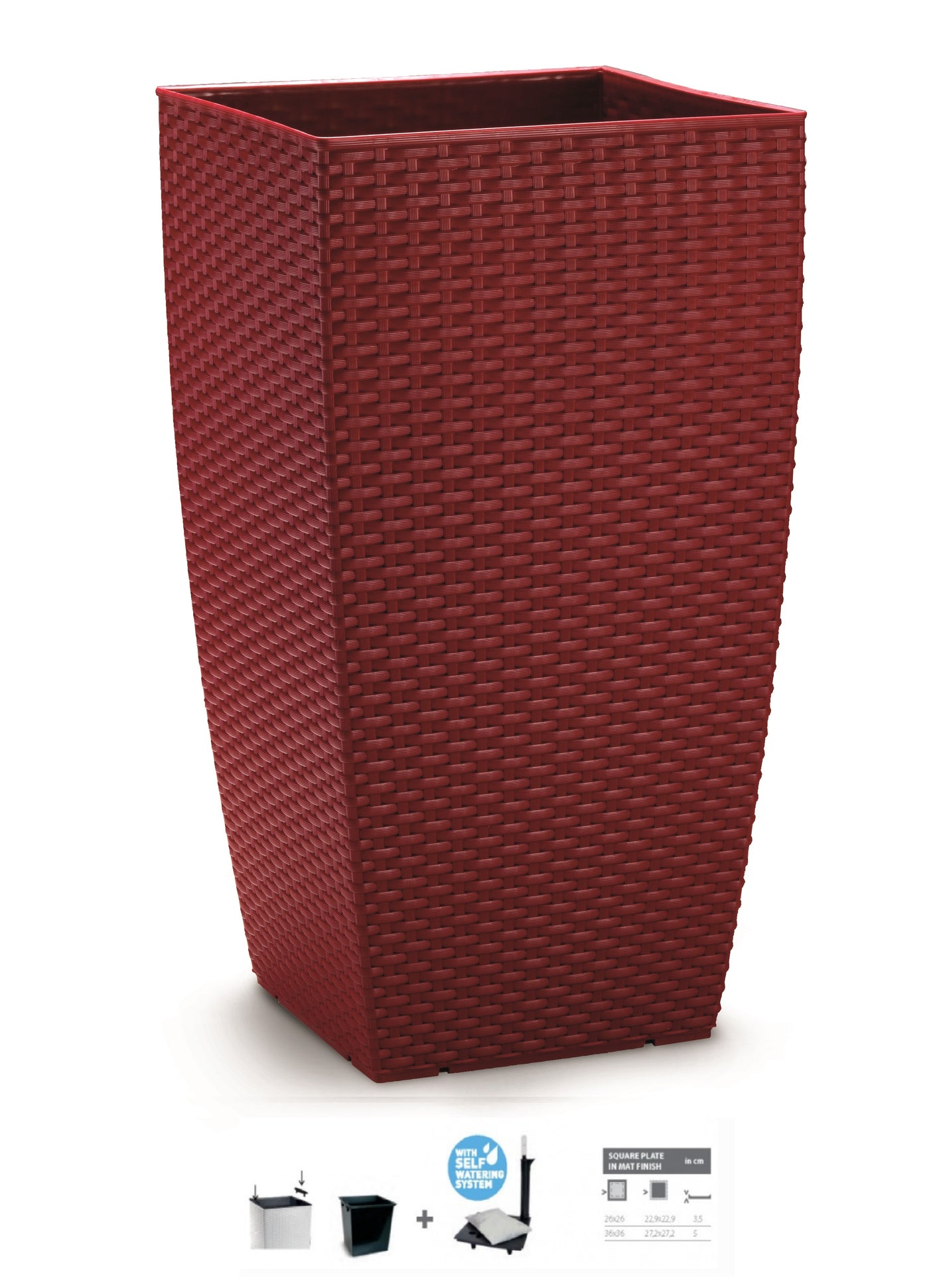 Ghiveci columnar cubic ratan 31x31x56.5 cm cu sistem irigare rosu