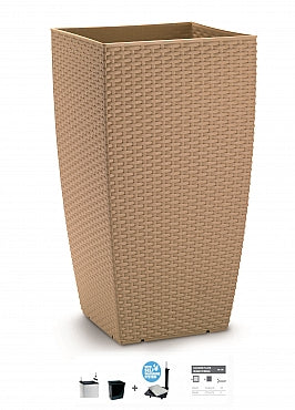 Ghiveci columnar cubic ratan 31x31x56.5 cm cu sistem irigare taupe