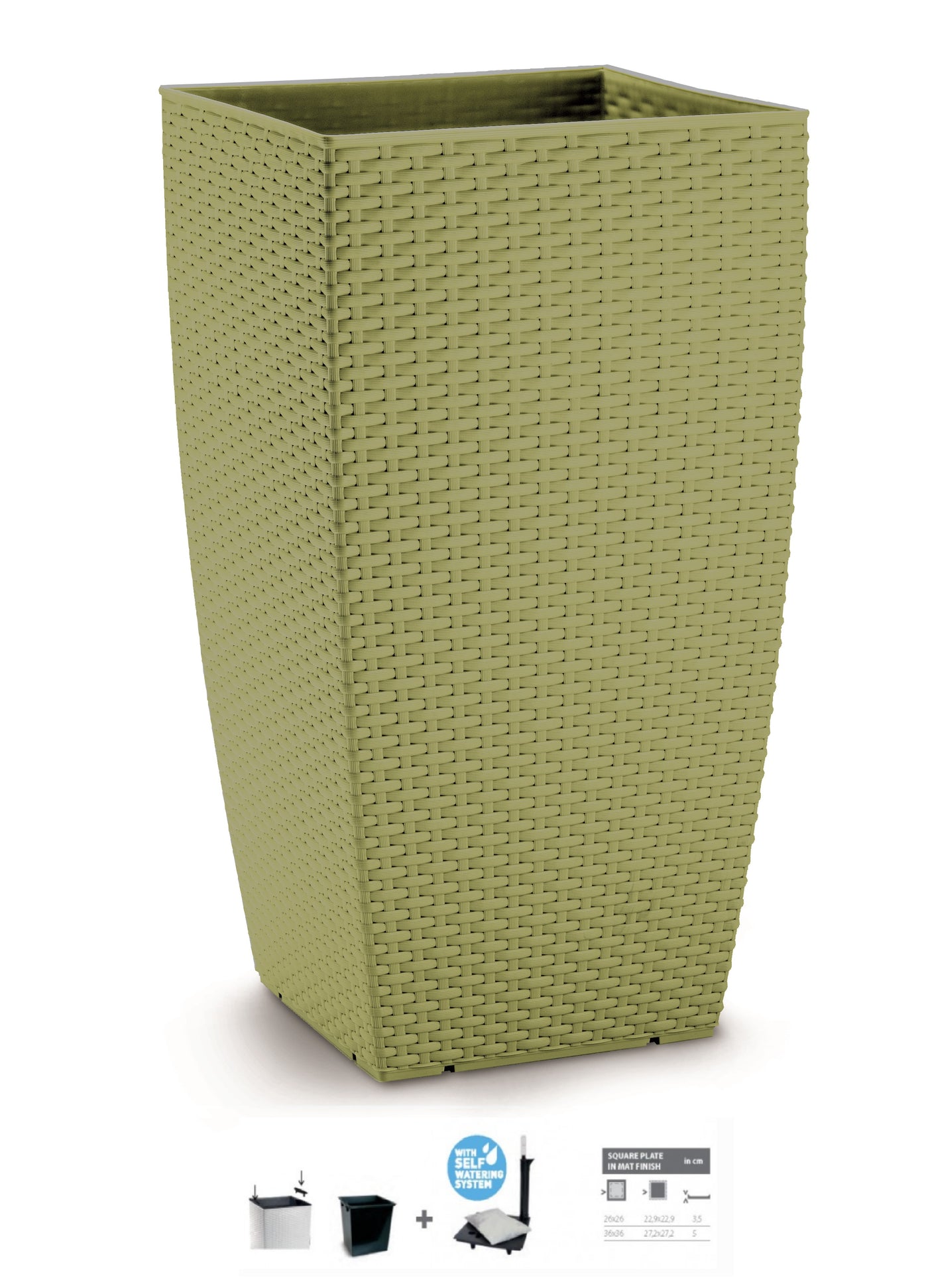 Ghiveci columnar cubic ratan 31x31x56.5 cm cu sistem irigare verde primavara