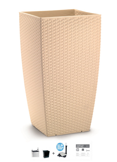 Ghiveci columnar cubic ratan 36x36x66 cm cu sistem irigare bej