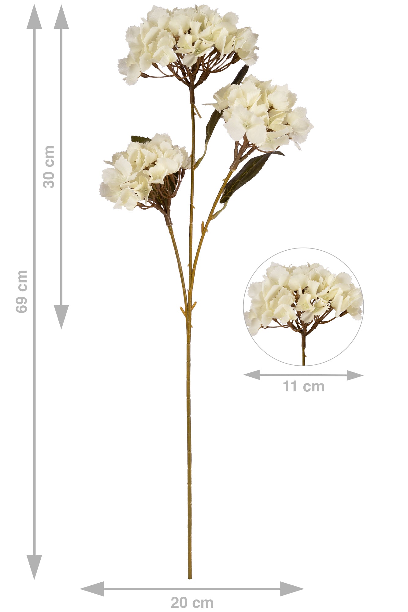 Hortensie artificiala cu 3 flori albe H69 cm