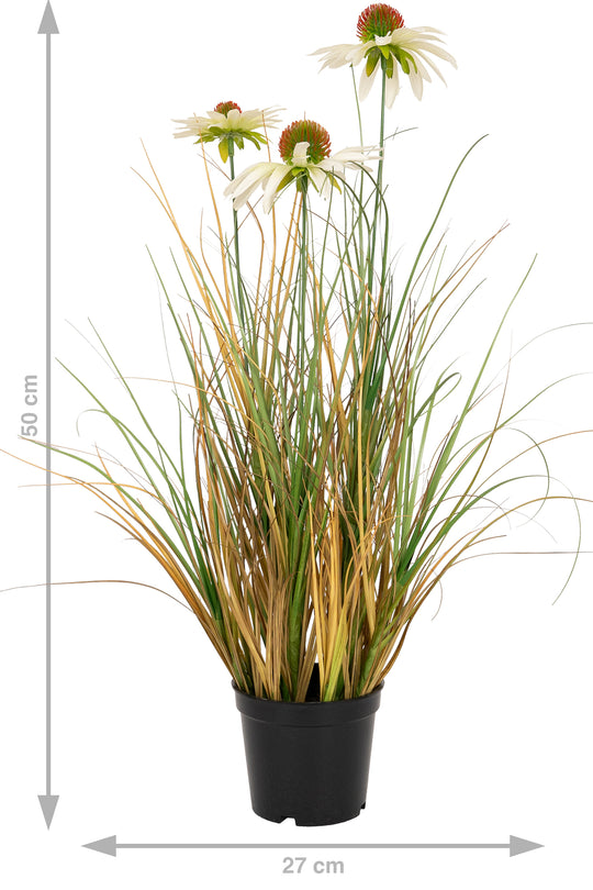 Iarba artificiala Onion 50 cm cu 3 flori de crizantema albe