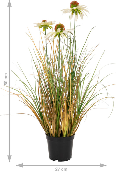 Iarba artificiala Onion 50 cm cu 3 flori de crizantema albe