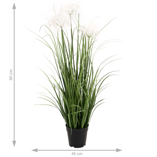 Iarba artificiala Onion 90 cm cu 3 flori albe de papadie