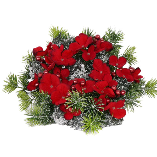 Inel cu flori artificiale. perle si brad pentru lumanare D7.7X25 cm rosu cu zapada