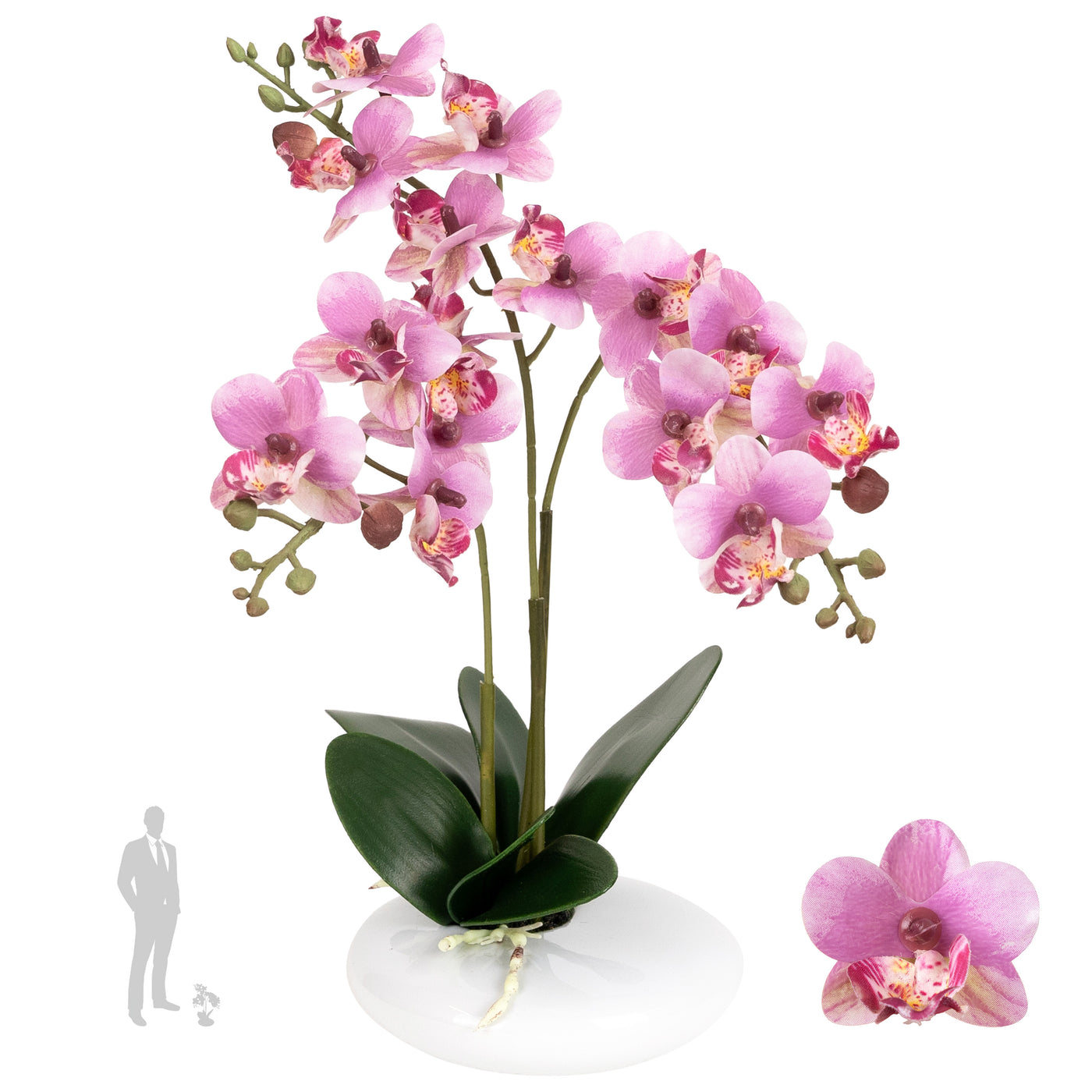 Mini Orhidee artificiala roz cu alb cu aspect natural H30 cm cu 3 tulpini