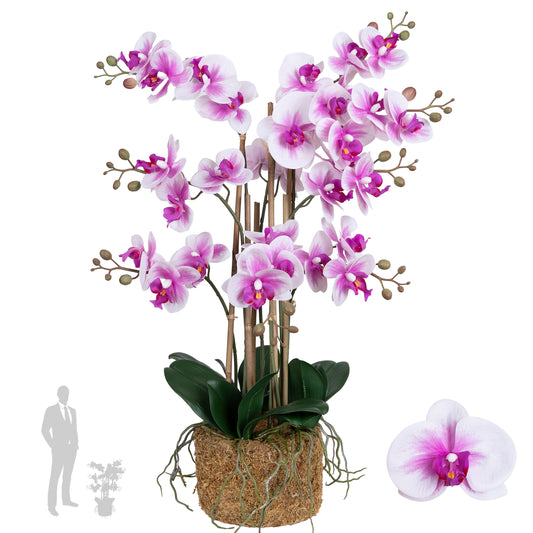 Orhidee artificiala alb cu mov cu aspect natural H71 cm cu 9 tulpini