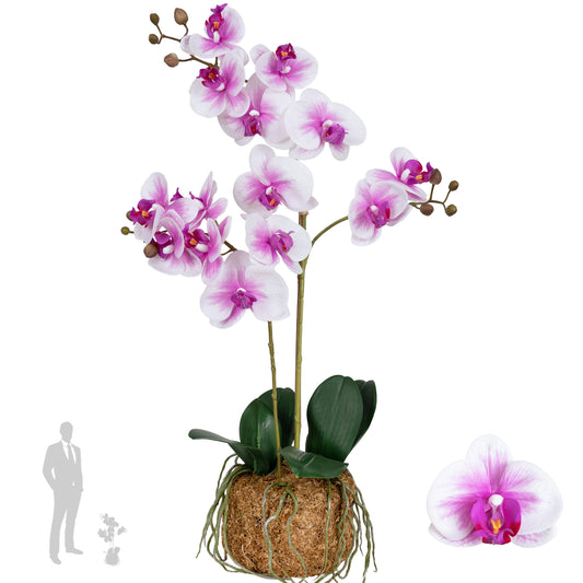 Orhidee artificiala alb cu roz cu aspect natural H60 cm cu 2 tulpini