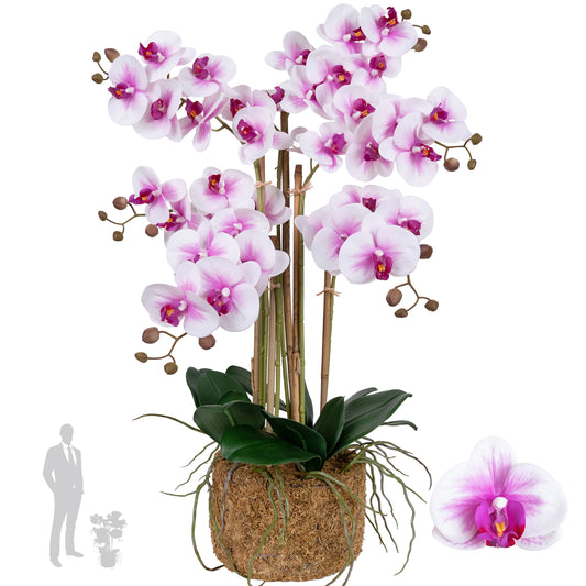 Orhidee artificiala alb cu roz cu aspect natural H66 cm cu 6 tulpini