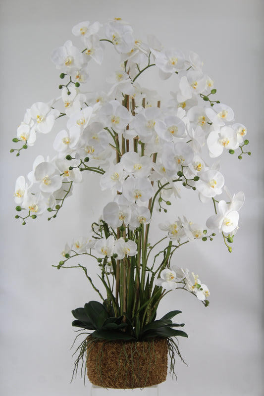 Orhidee artificiala alba cu aspect natural H120 cm cu 21 tulpini