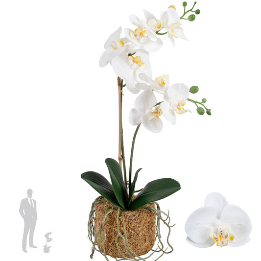 Orhidee artificiala alba cu aspect natural H53 cm cu 2 tulpini cu un bat de bambus
