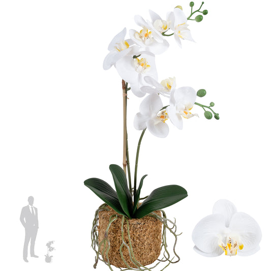 Orhidee artificiala alba cu aspect natural H53 cm cu 2 tulpini cu un bat de bambus