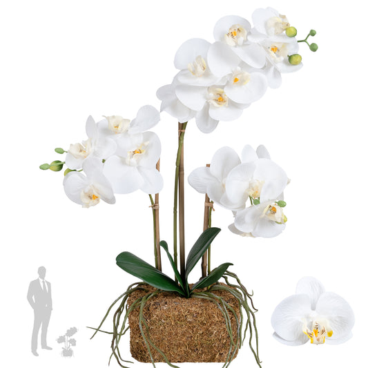 Orhidee artificiala alba cu aspect natural H54 cm cu 3 tulpini
