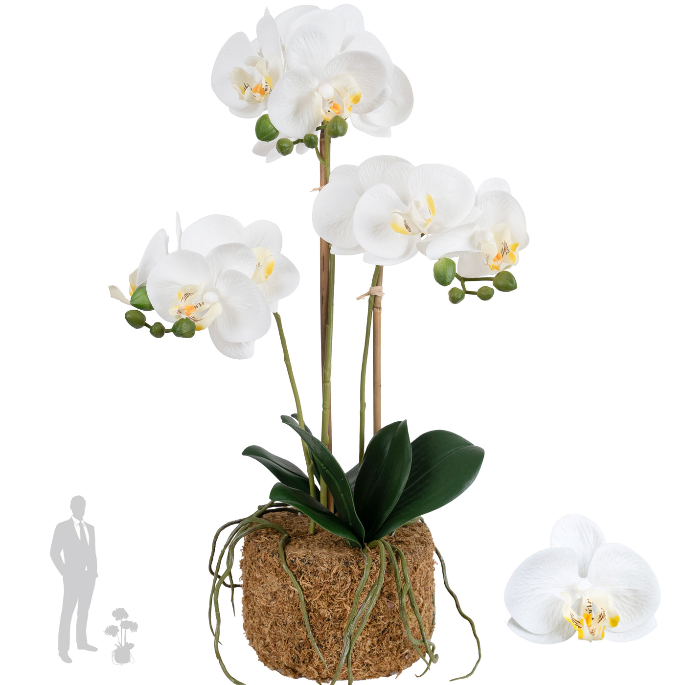Orhidee artificiala alba cu aspect natural H54 cm cu 3 tulpini