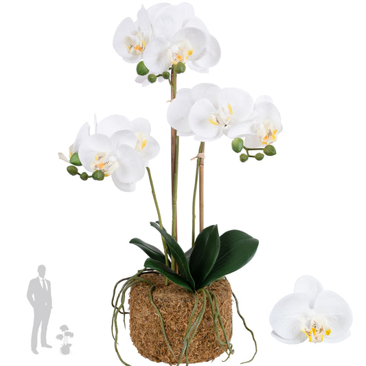 Orhidee artificiala alba cu aspect natural H54 cm cu 3 tulpini