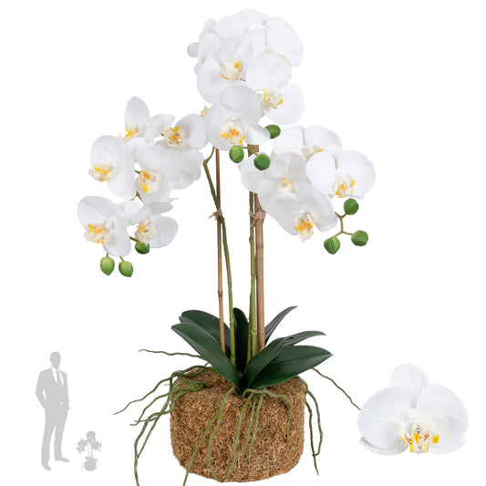 Orhidee artificiala alba cu aspect natural H55 cm cu 3 tulpini