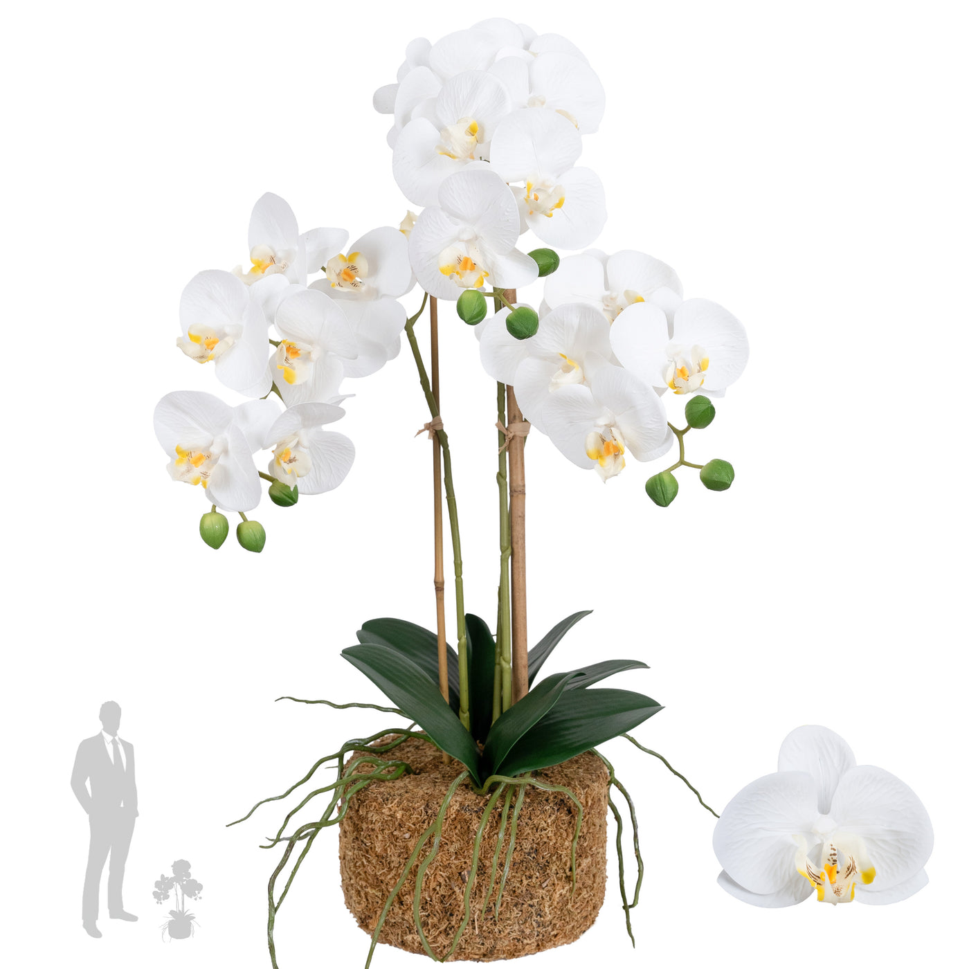 Orhidee artificiala alba cu aspect natural H55 cm cu 3 tulpini