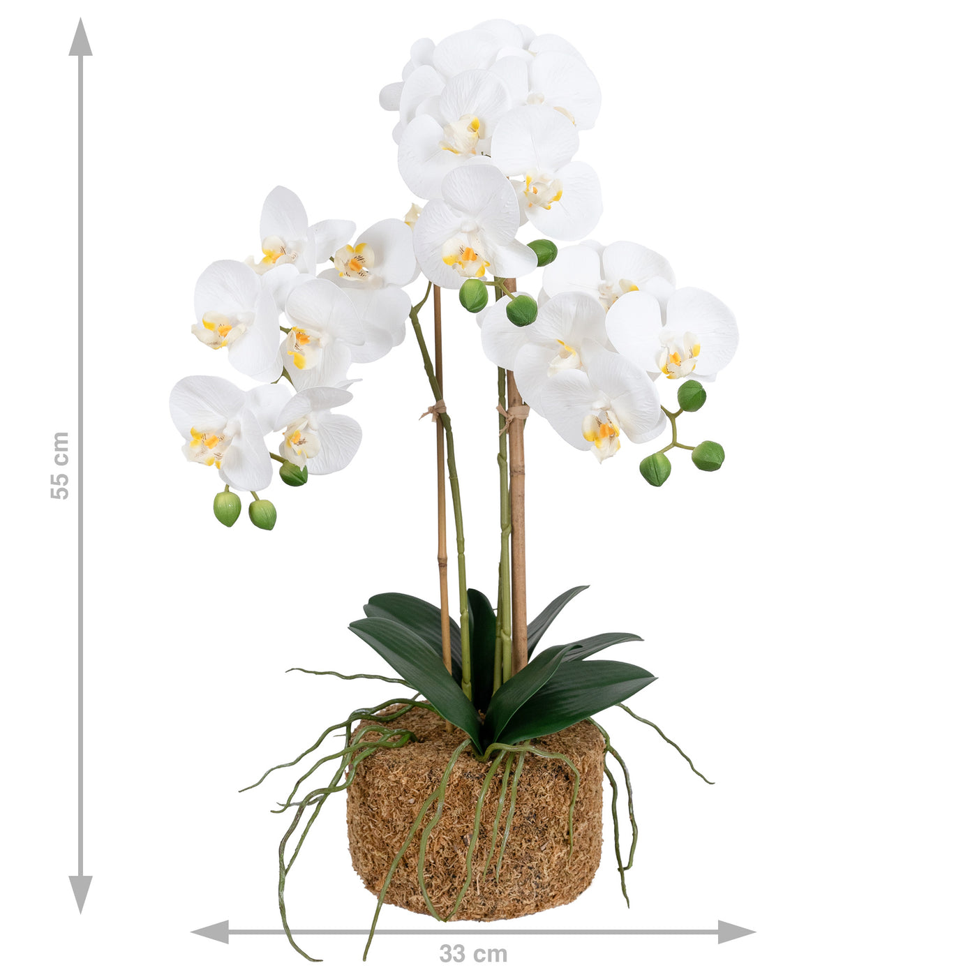 Orhidee artificiala alba cu aspect natural H55 cm cu 3 tulpini