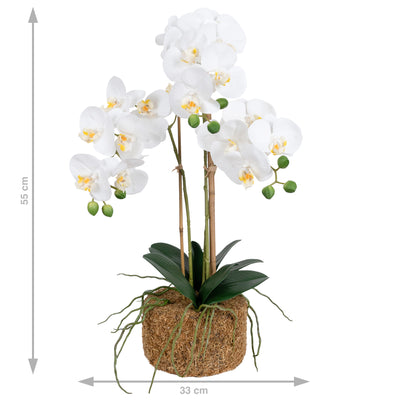 Orhidee artificiala alba cu aspect natural H55 cm cu 3 tulpini