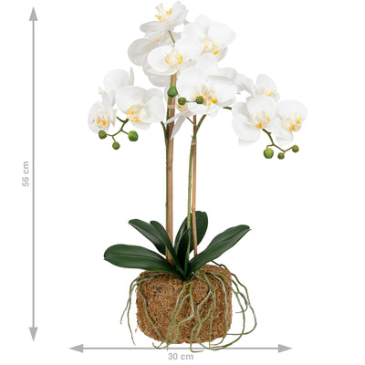 Orhidee artificiala alba cu aspect natural H56 cm cu 2 tulpini