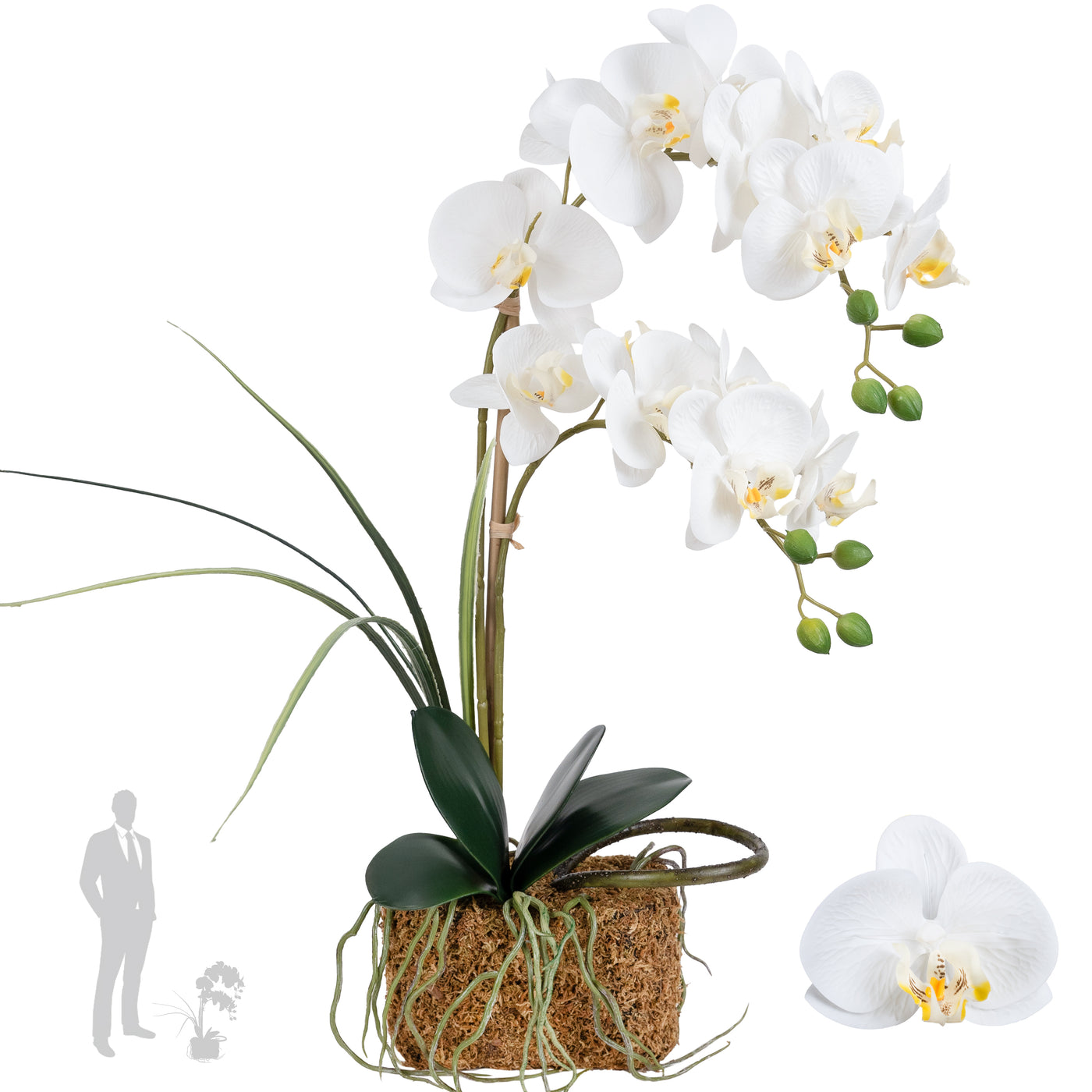 Orhidee artificiala alba cu aspect natural H58 cm cu 2 tulpini
