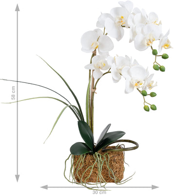 Orhidee artificiala alba cu aspect natural H58 cm cu 2 tulpini