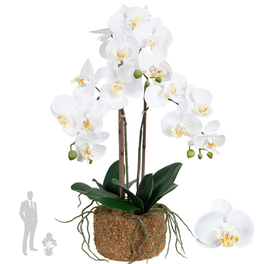 Orhidee artificiala alba cu aspect natural H58 cm cu 3 tulpini