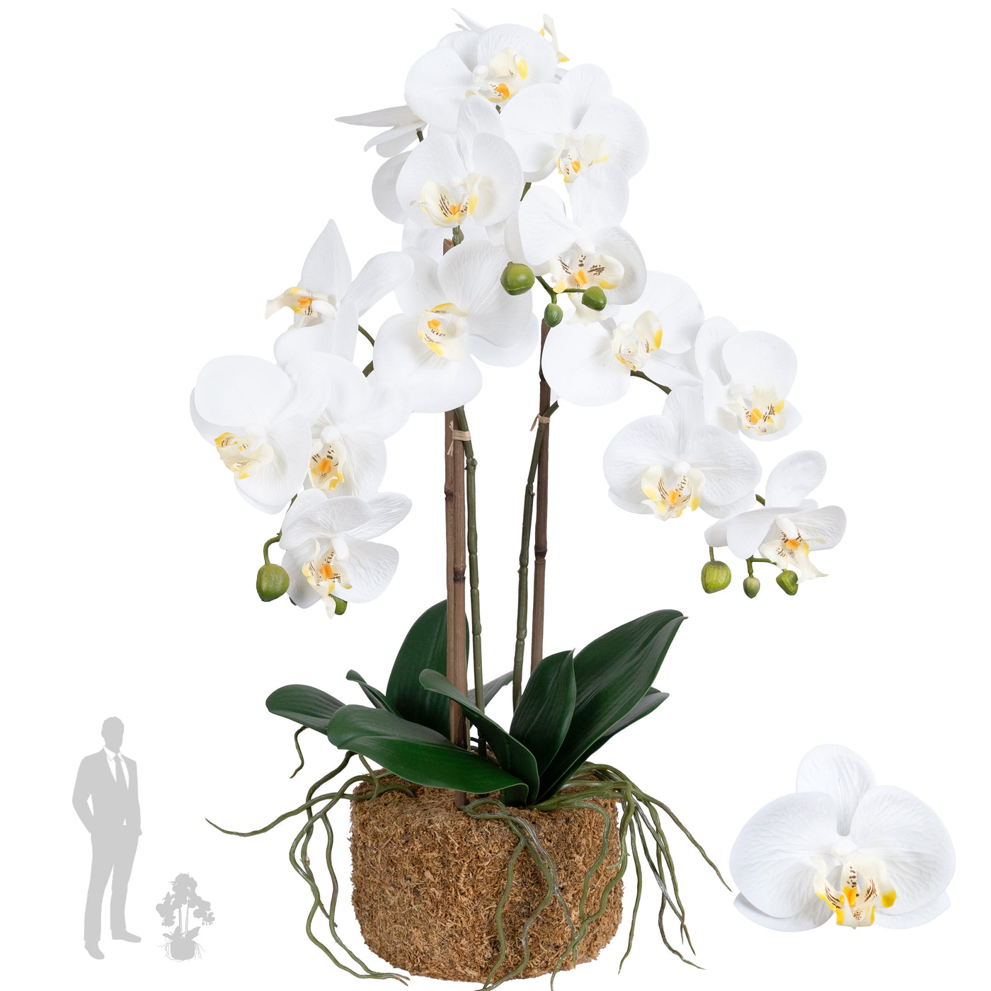 Orhidee artificiala alba cu aspect natural H58 cm cu 3 tulpini