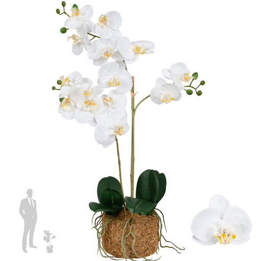 Orhidee artificiala alba cu aspect natural H60 cm cu 2 tulpini