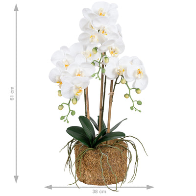 Orhidee artificiala alba cu aspect natural H61 cm cu 3 tulpini